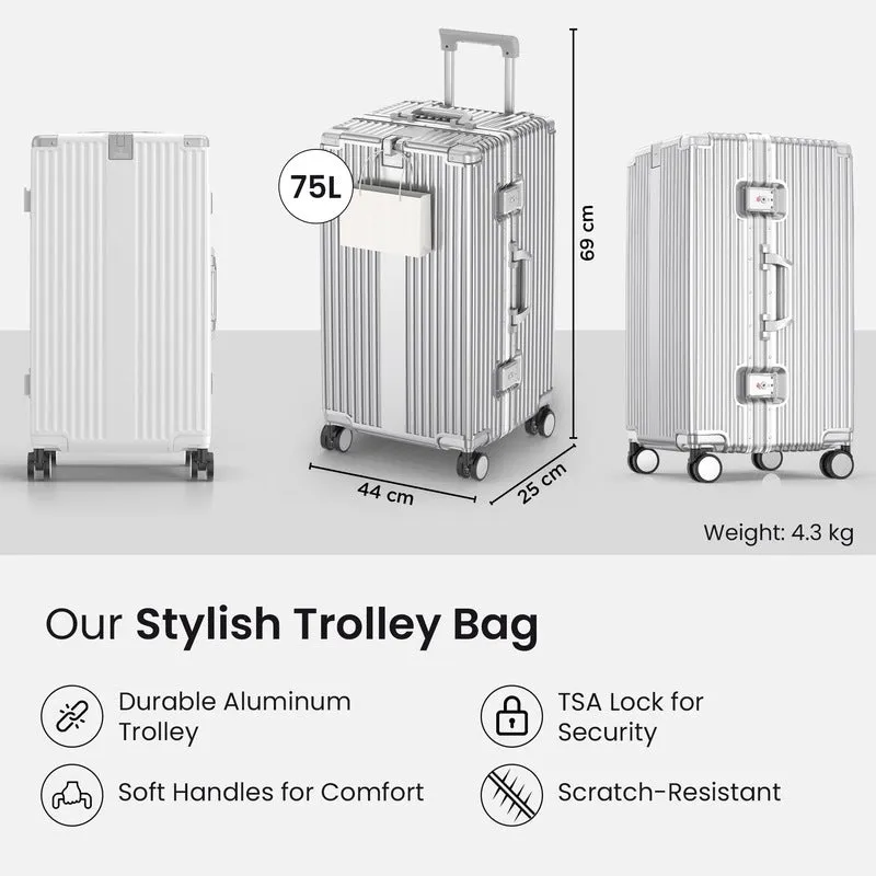 20inch Large Hardshell Trolley Bag - 75L TSA Lock | 4 Spinner Wheels | Silver