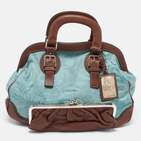 Brown/Blue Brocade Fabric and Leather Miss Romantique Satchel