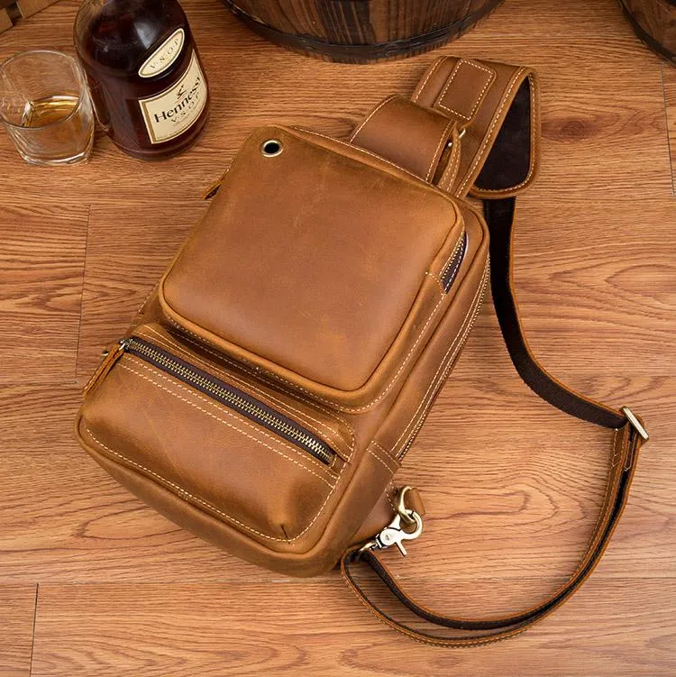 Casual Brown Mens Leather Large Sling Bag One Shoulder Pack Chest Bag Sling Backpack for men