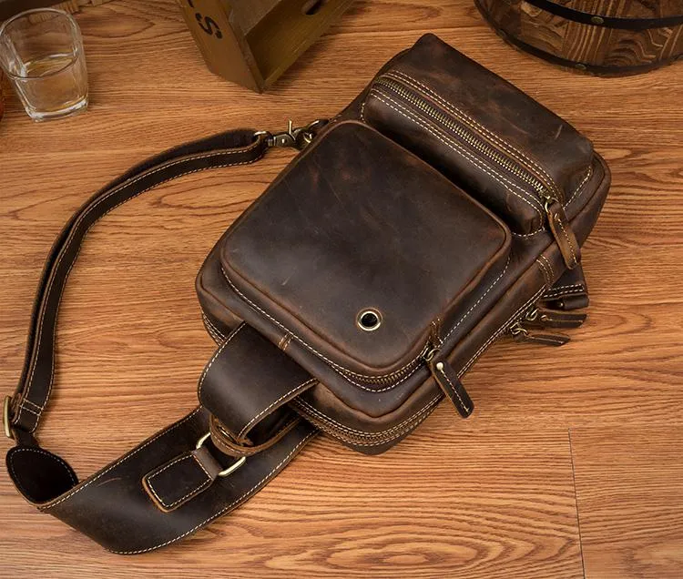 Casual Brown Mens Leather Large Sling Bag One Shoulder Pack Chest Bag Sling Backpack for men