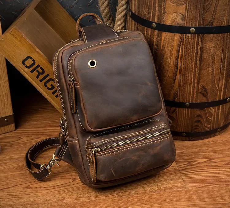 Casual Brown Mens Leather Large Sling Bag One Shoulder Pack Chest Bag Sling Backpack for men