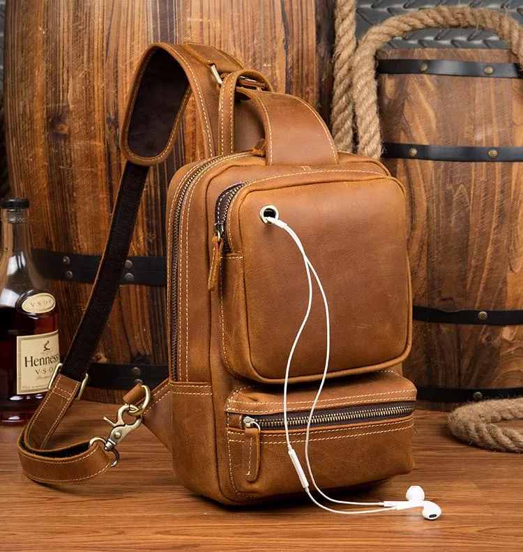 Casual Brown Mens Leather Large Sling Bag One Shoulder Pack Chest Bag Sling Backpack for men