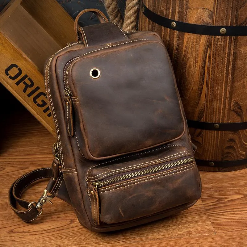 Casual Brown Mens Leather Large Sling Bag One Shoulder Pack Chest Bag Sling Backpack for men