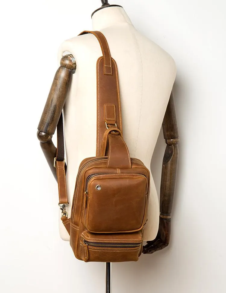 Casual Brown Mens Leather Large Sling Bag One Shoulder Pack Chest Bag Sling Backpack for men