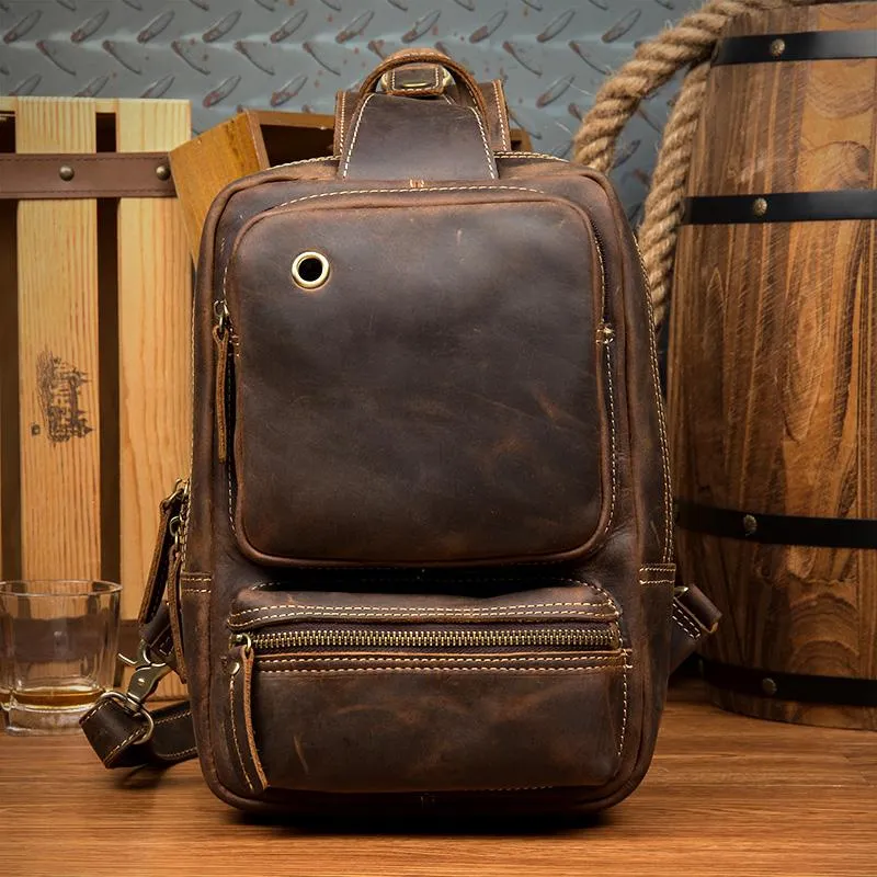 Casual Brown Mens Leather Large Sling Bag One Shoulder Pack Chest Bag Sling Backpack for men