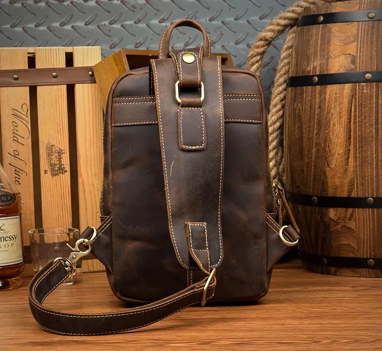 Casual Brown Mens Leather Large Sling Bag One Shoulder Pack Chest Bag Sling Backpack for men