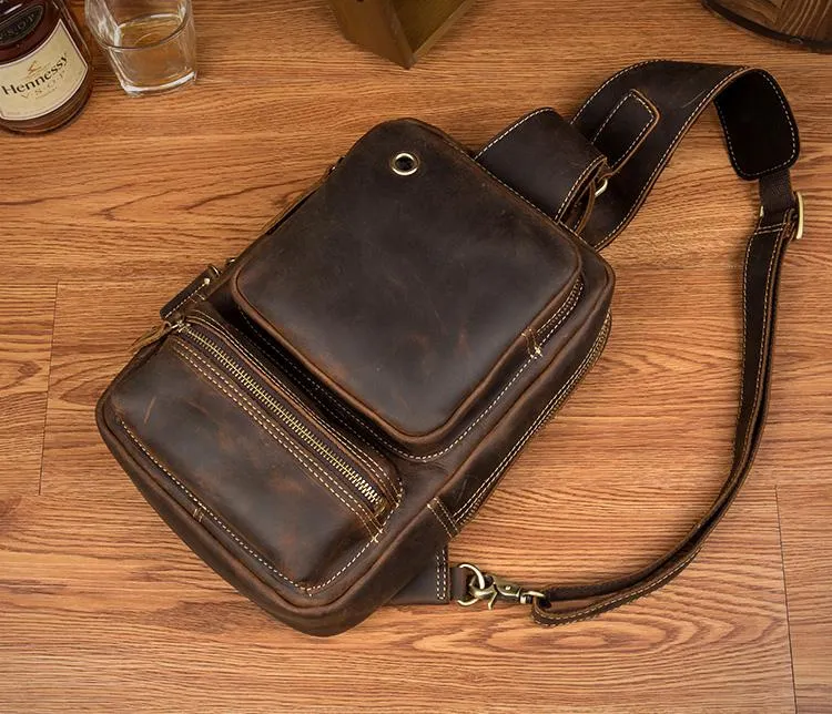 Casual Brown Mens Leather Large Sling Bag One Shoulder Pack Chest Bag Sling Backpack for men