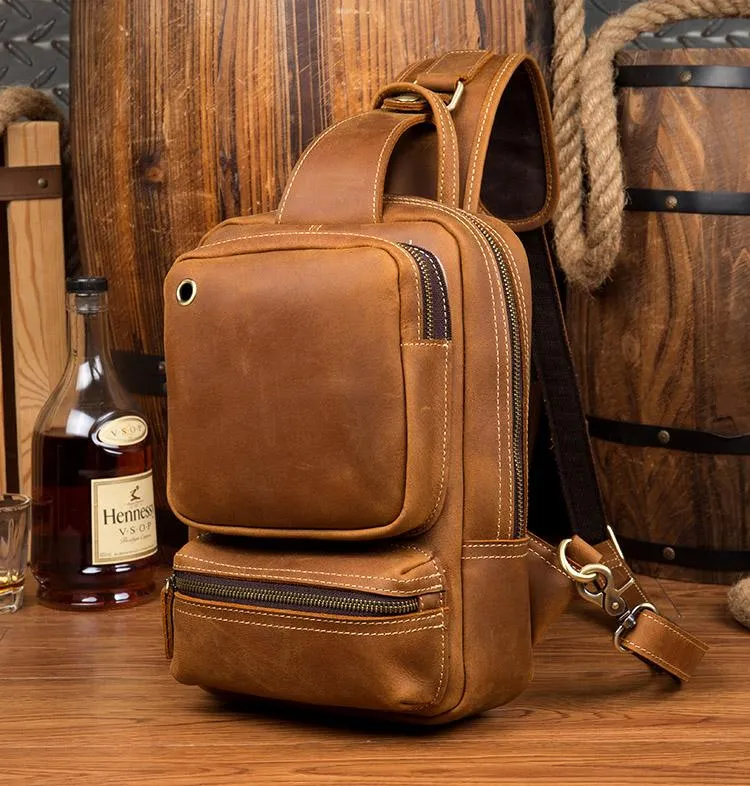 Casual Brown Mens Leather Large Sling Bag One Shoulder Pack Chest Bag Sling Backpack for men