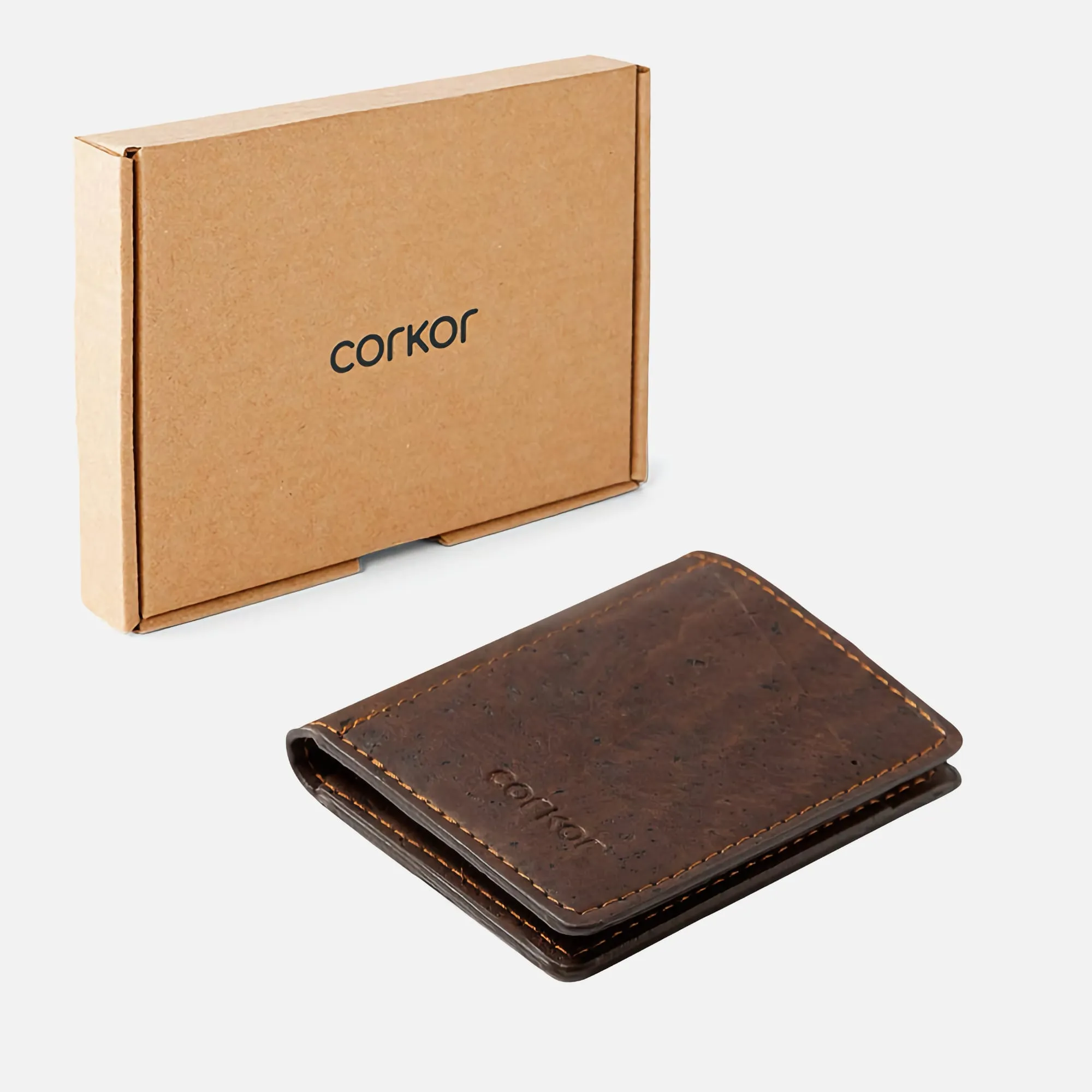 Corkor Vegan Cork Slim Wallet with Coin Pocket, Dark Brown