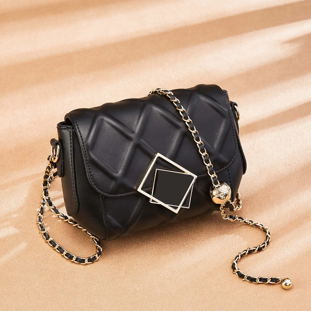 Geometric Lock Quilted Shoulder Bag