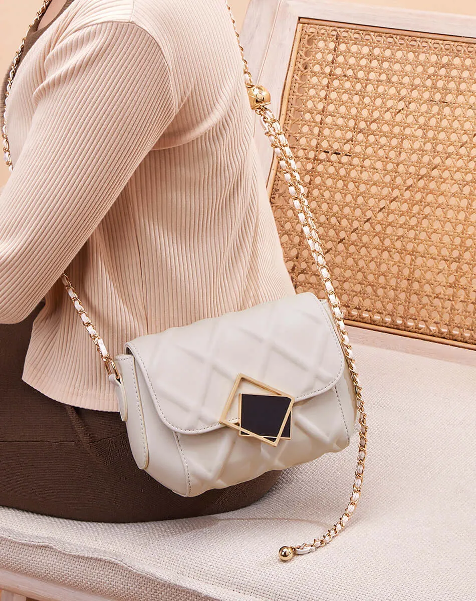 Geometric Lock Quilted Shoulder Bag