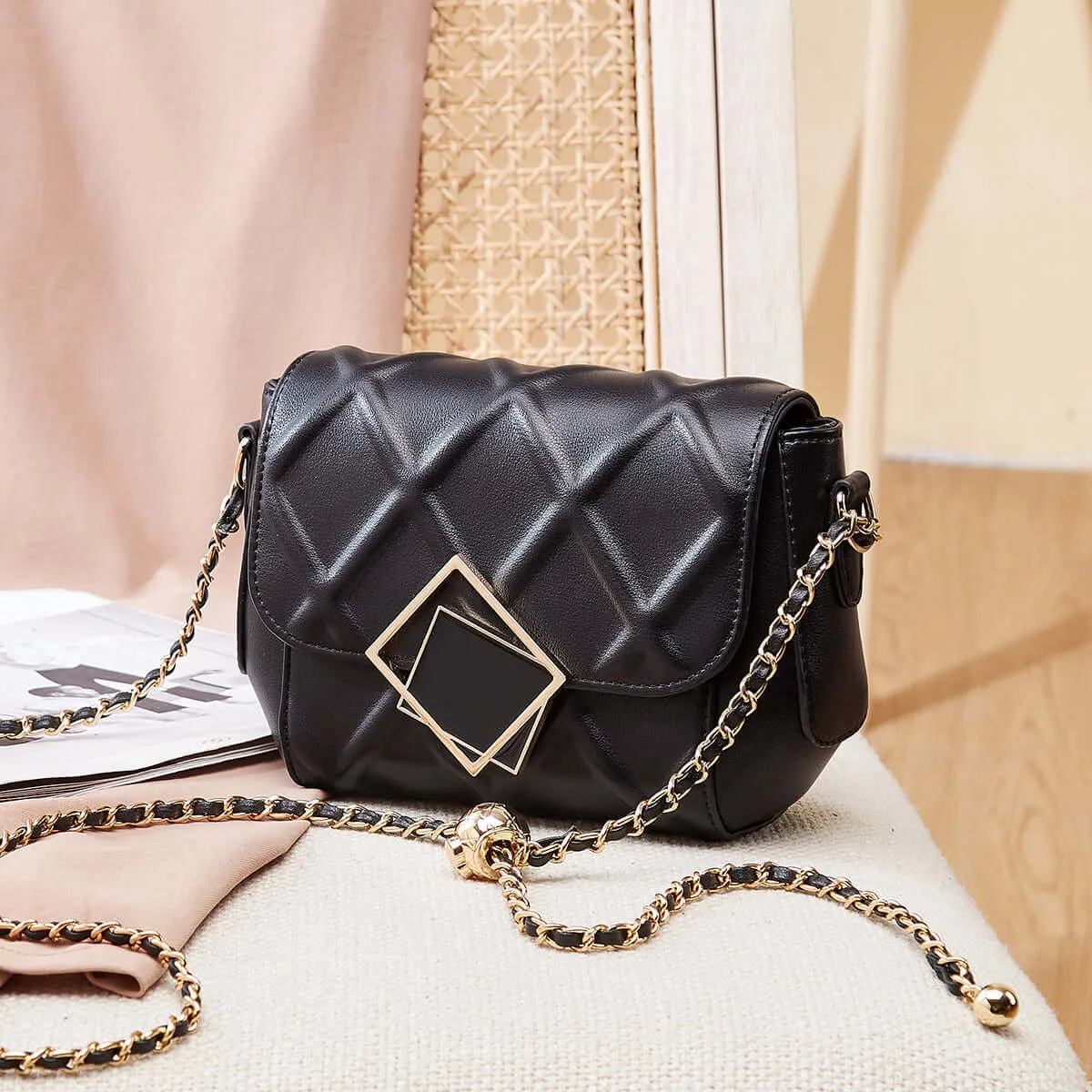 Geometric Lock Quilted Shoulder Bag