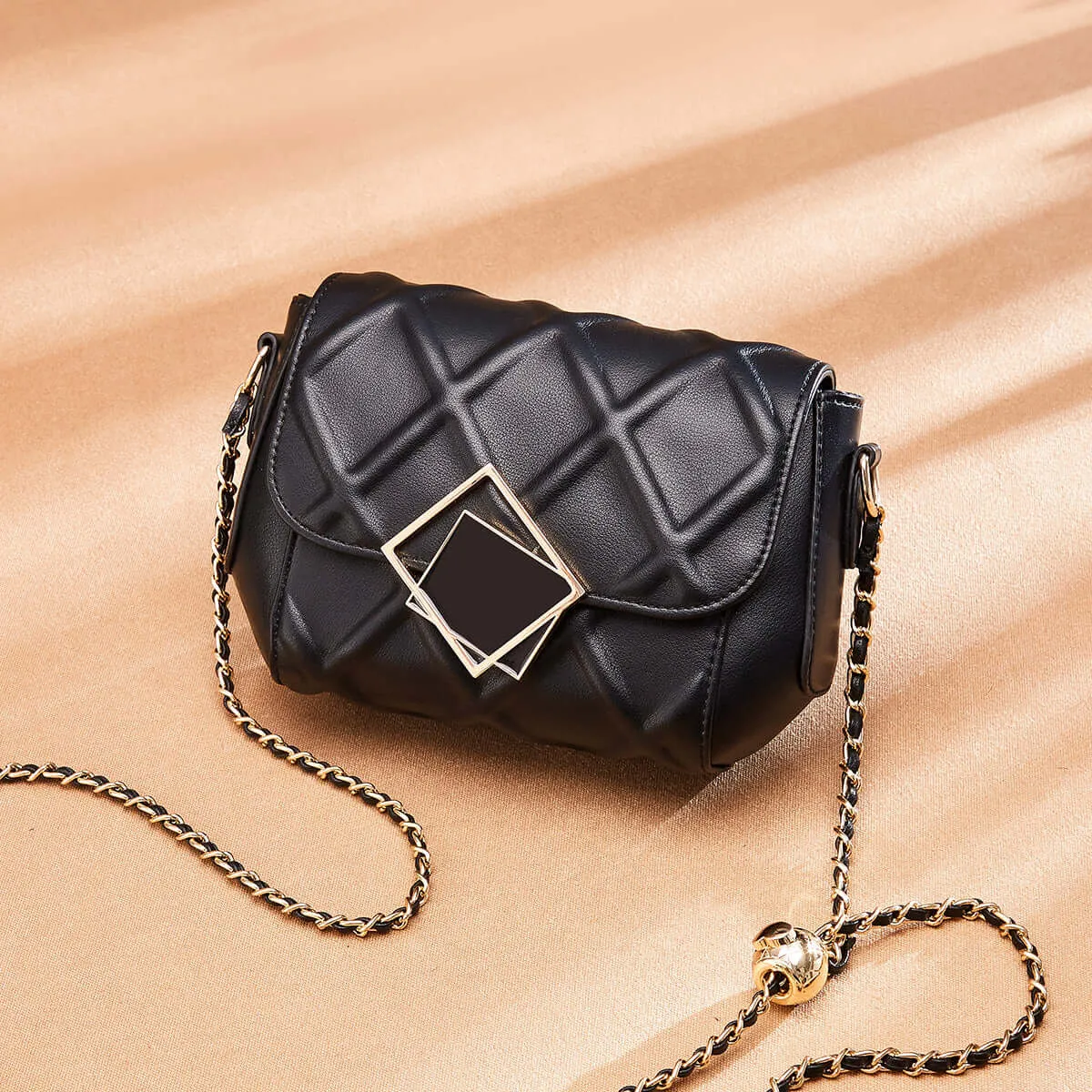 Geometric Lock Quilted Shoulder Bag