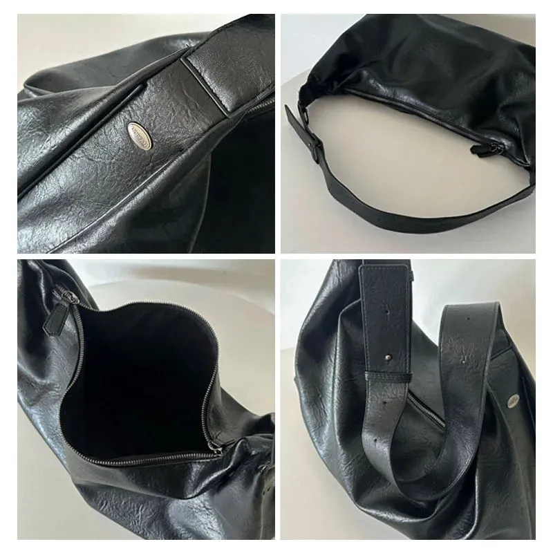 Large Capacity PU Black Casual Shoulder Bag