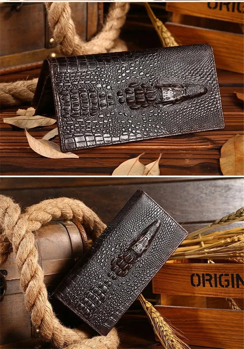 Luxury Choice: Alligator Design Genuine Cow Leather Long Wallets for Men