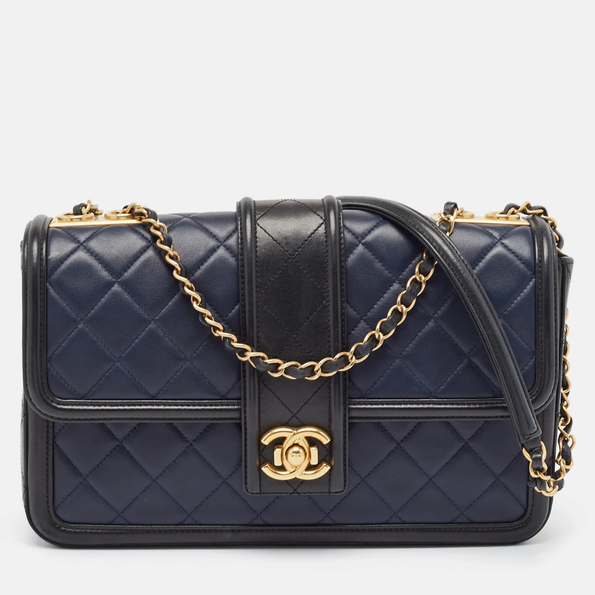 Navy Blue/Black Quilted Leather Elegant CC Shoulder Bag