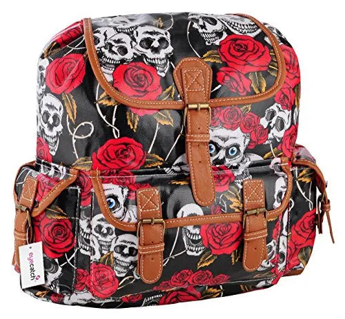 Oil Cloth Skull Roses Print Backpack