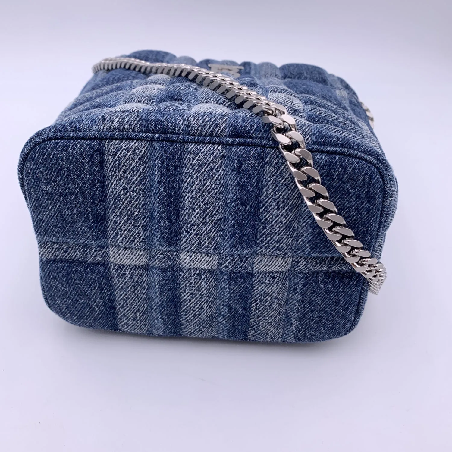 Trendy Inspired Burberry Blue Denim Quilted Small Lola Bucket Shoulder Bag Tote