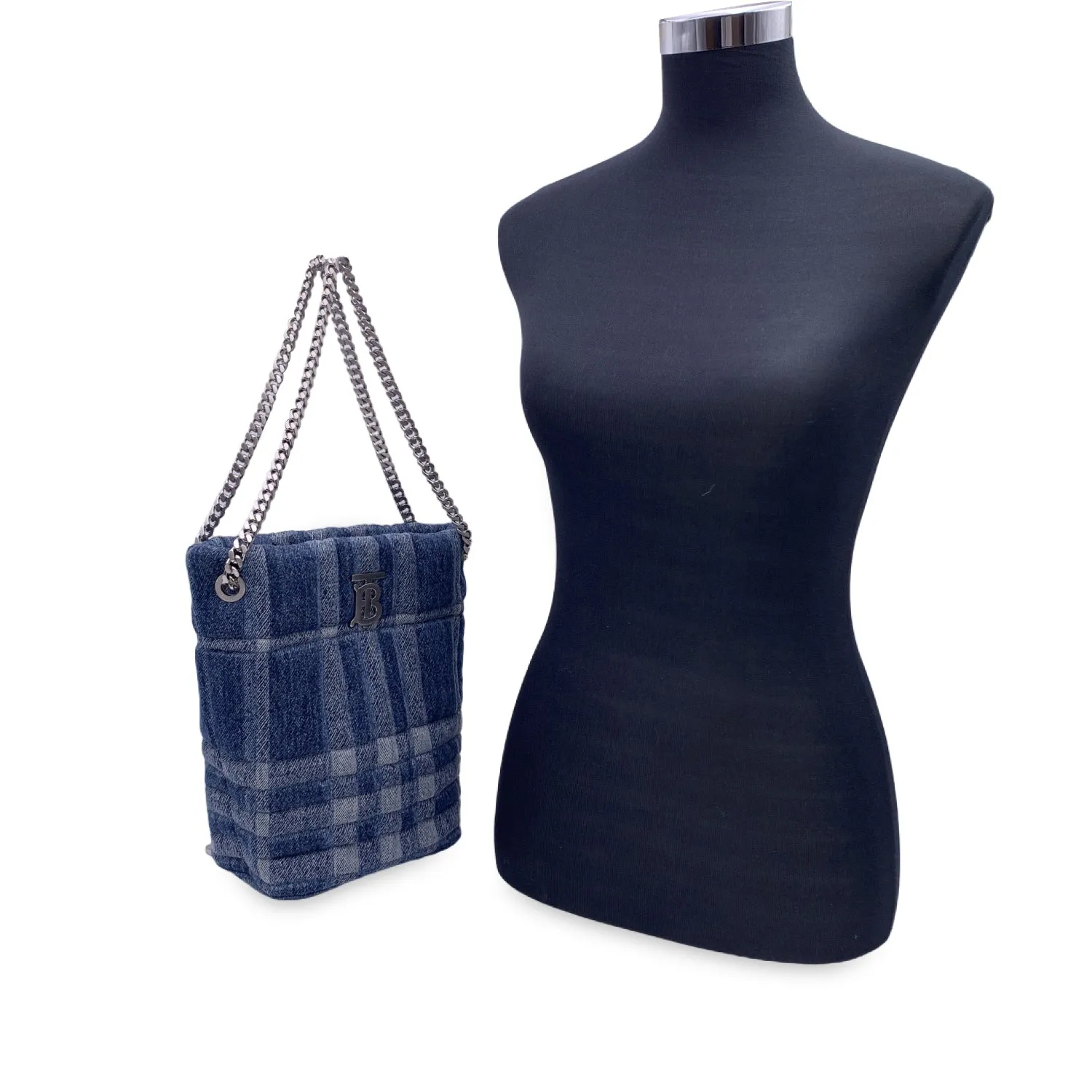 Trendy Inspired Burberry Blue Denim Quilted Small Lola Bucket Shoulder Bag Tote